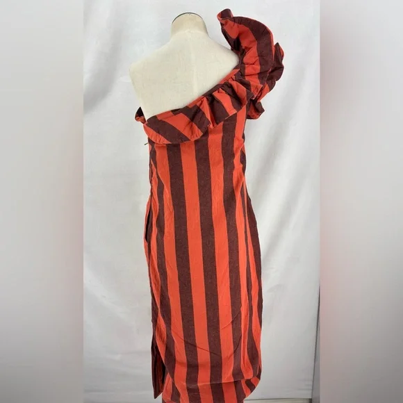 One-Shoulder Ruffle Midi Skirt in Rust and Black Stripe - Picture 3 of 11